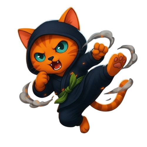 Orange ninja kitty mid-kick