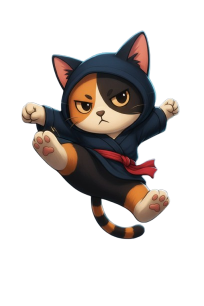 Calico ninja kitty with red belt mid-kick