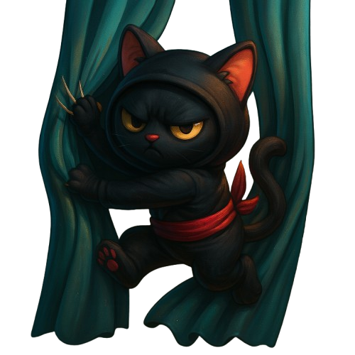 Black ninja kitty hiding in curtains with claw daggers