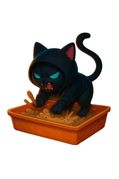 Angry ninja kitty digging in a litter box