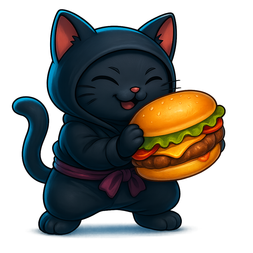 Black gi ninja kitty with burger